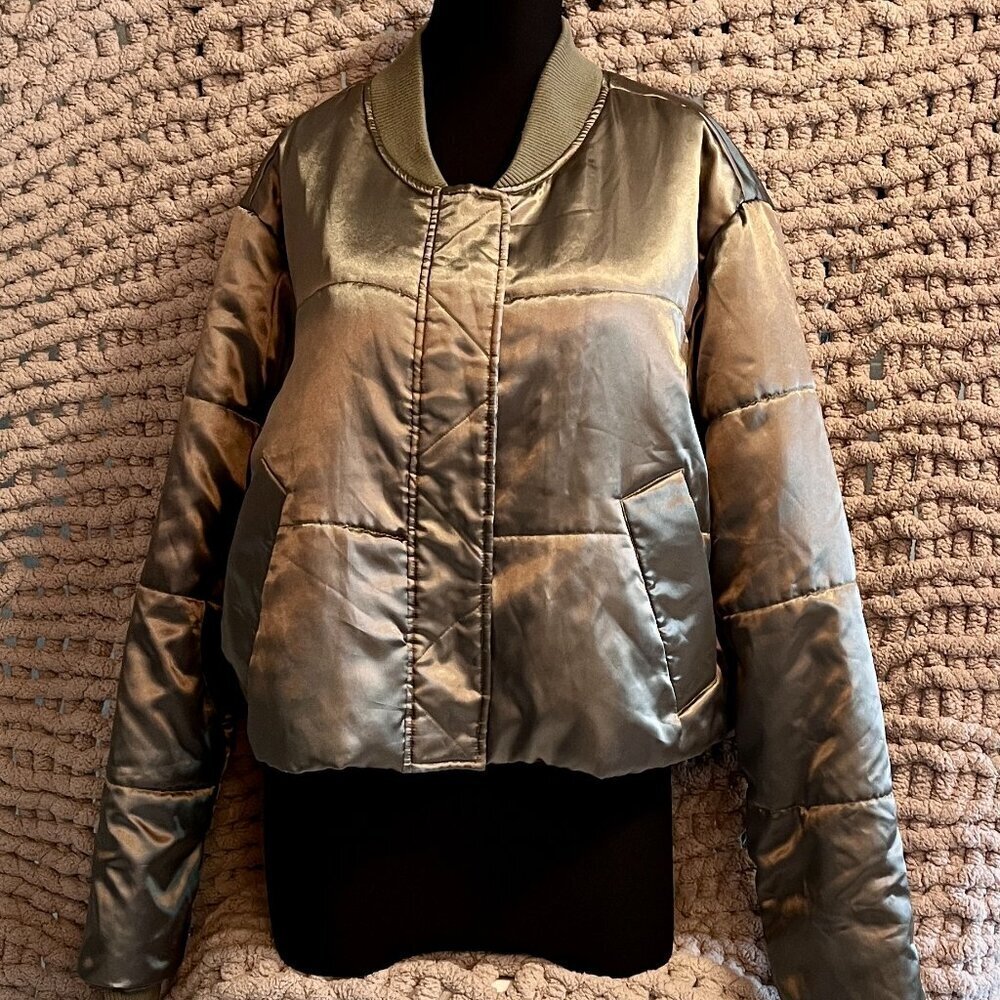 Asos Green Satin Look Woman's Cropped Bomber Jacket Size 14 - Picture 3 of 14
